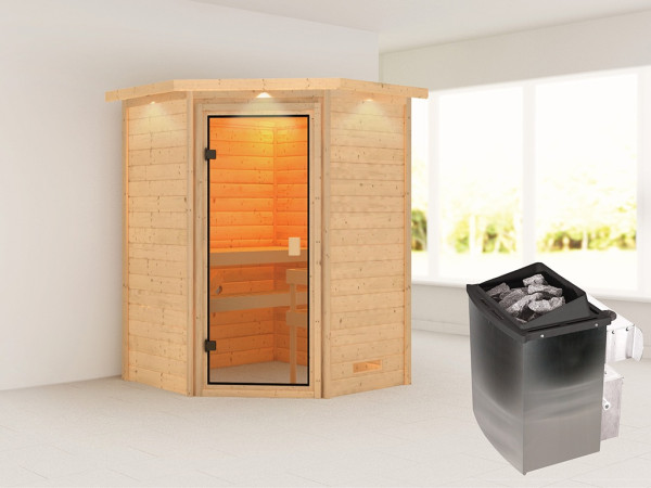 Sauna Massivholzsauna Antonia mit Dachkranz, inkl. 9 kW Ofen mit integrierter Steuerung