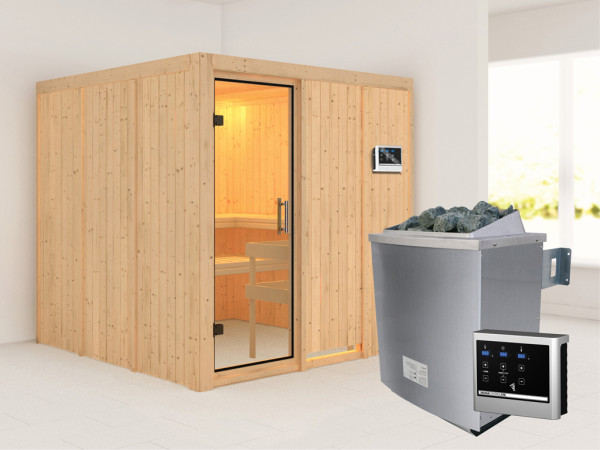 Sauna Systemsauna Rodin Klarglas Ganzglastür + 9 kW Saunaofen mit ext. Strg