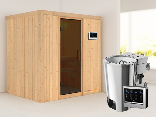 Sauna Systemsauna Fanja graphit Ganzglastür + Plug & Play Bio-Ofen mit externer Steuerung