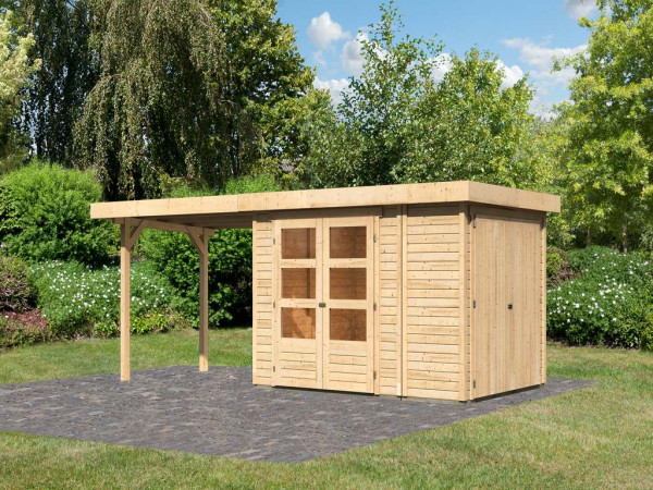 Gartenhaus SET Retola 2 19 mm naturbelassen, inkl. 2,8 m Anbaudach + Anbauschrank