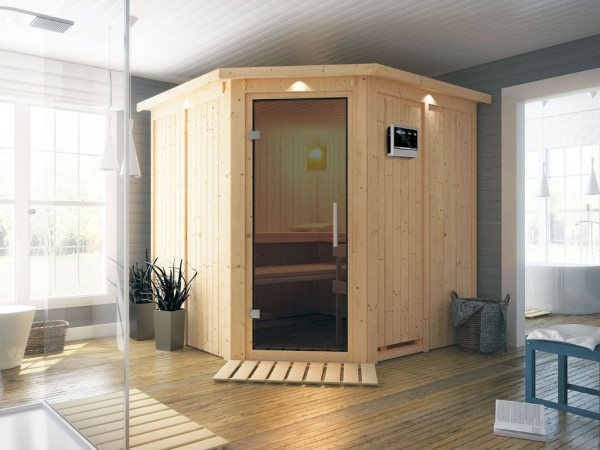 Systemsauna Jarin mit Dachkranz, graphit Ganzglastür, inkl. 9 kW Bio-Kombiofen ext. Steuerung