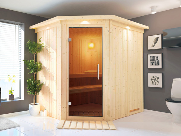 Sauna Systemsauna Lilja mit Dachkranz, graphit Ganzglastür