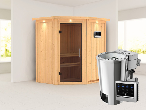 Sauna Systemsauna Tonja mit Dachkranz, graphit Ganzglastür + Plug & Play Bio-Ofen mit externe Strg