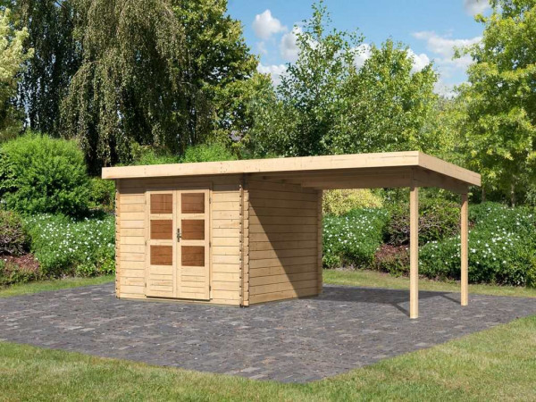 Gartenhaus Blockbohlenhaus SET Bastrup 5 28 mm naturbelassen, inkl. 3 m Anbaudach