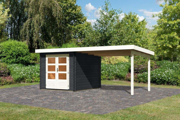 Gartenhaus Blockbohlenhaus SET Bastrup 4 28 mm anthrazit inkl. 3 m Anbaudach