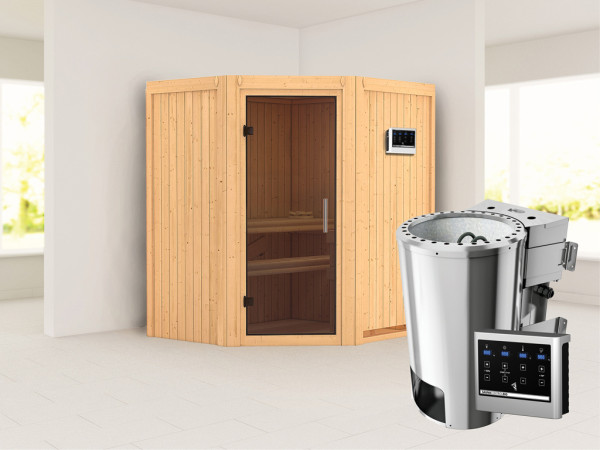 Sauna Systemsauna Tonja graphit Ganzglastür + Plug & Play Bio-Ofen mit externer Steuerung