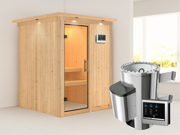 Sauna Systemsauna Minja mit Dachkranz, Klarglas Ganzglastür + Plug & Play Saunaofen mit ext. Strg