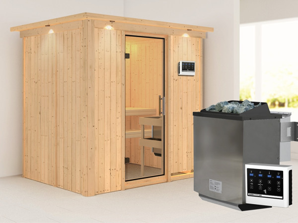 Sauna Systemsauna Bodin mit Dachkranz, inkl. 9 kW Bio-Ofen mit externer Steuerung