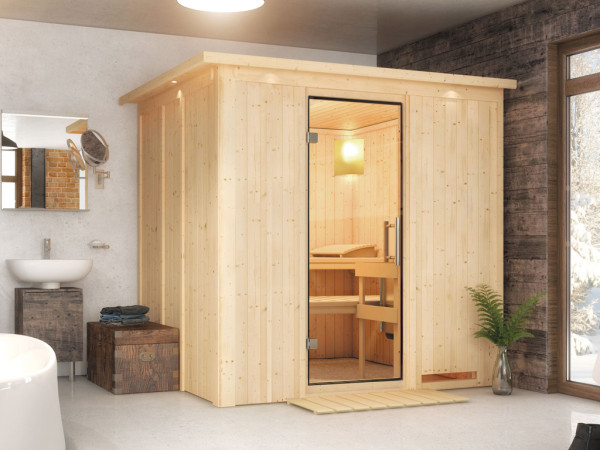 Sauna Systemsauna Daria mit Dachkranz, Klarglas Ganzglastür