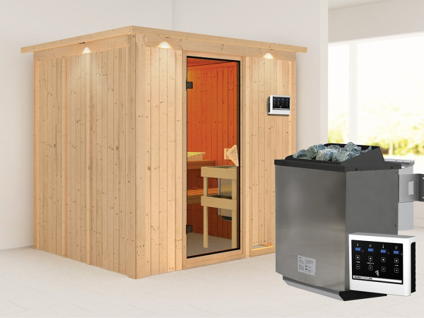 Sauna Systemsauna Sodin mit Dachkranz, inkl. 9 kW Bio-Ofen mit externer Steuerung