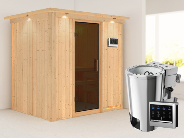 Sauna Systemsauna Fanja mit Dachkranz, graphit Ganzglastür + Plug & Play Bio-Ofen mit ext. Strg.