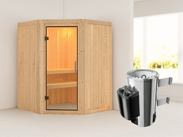 Sauna Systemsauna Nanja Klarglas Ganzglastür + Plug & Play Saunaofen mit Steuerung