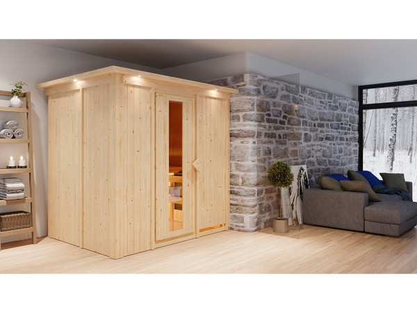 Sauna Systemsauna Bodin mit Dachkranz, inkl. 9 kW Ofen mit integrierter Steuerung