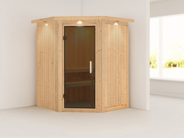 Sauna Systemsauna Nanja mit Dachkranz, graphit Ganzglastür