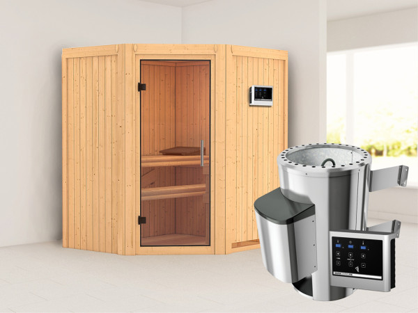 Sauna Systemsauna Tonja Klarglas Ganzglastür + Plug & Play Saunaofen mit externer Steuerung