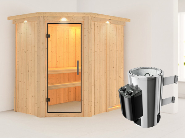 Sauna Systemsauna Saja mit Dachkranz, Klarglas Ganzglastür + Plug & Play Saunaofen mit Steuerung