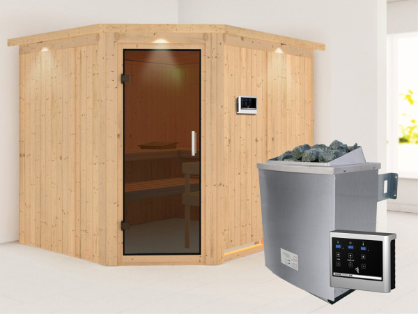 Systemsauna Malin mit Dachkranz, graphit Ganzglastür, inkl. 9 kW Saunaofen ext. Steuerung