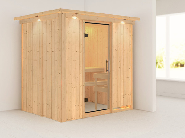 Sauna Systemsauna Fanja mit Dachkranz, Klarglas Ganzglastür