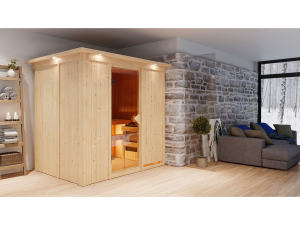 Sauna Systemsauna Bodin mit Dachkranz, inkl. 9 kW Ofen mit integrierter Steuerung
