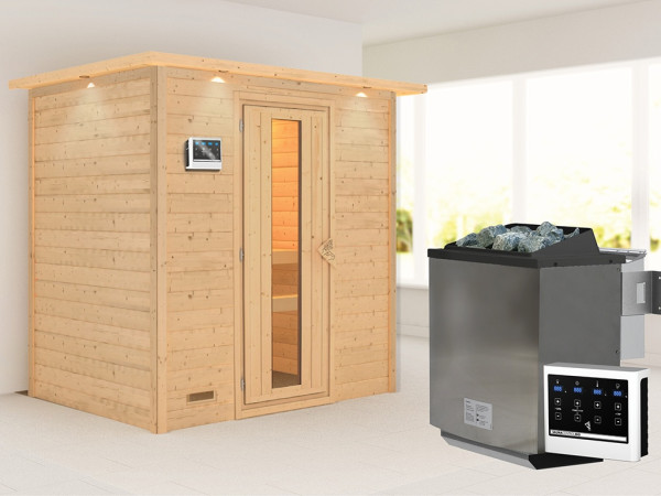Sauna Massivholzsauna Sonja mit Dachkranz, inkl. 9 kW Bio-Ofen mit externer Steuerung