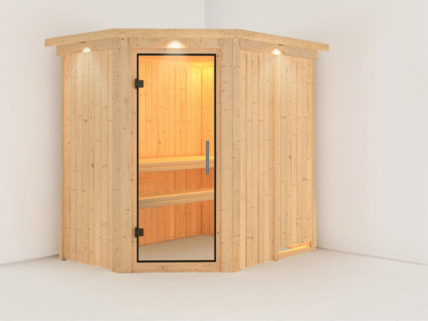 Sauna Systemsauna Carin mit Dachkranz, Klarglas Ganzglastür