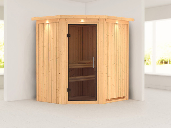 Sauna Systemsauna Tonja mit Dachkranz, graphit Ganzglastür