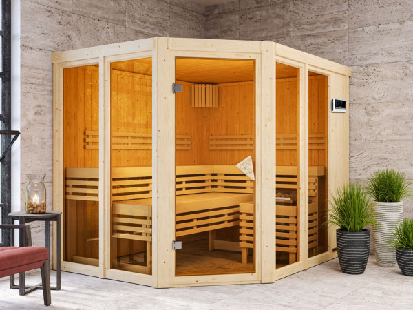 Sauna Ainur mit bronzierter Glastür + 9 kW Saunaofen ext. Strg.