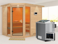 Sauna Massivholzsauna Sinai 3 mit Dachkranz, inkl. 9 kW Bio-Kombiofen ext. Steuerung