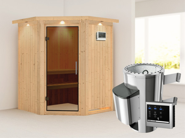 Sauna Systemsauna Nanja mit Dachkranz, graphit Ganzglastür + Plug & Play Saunaofen mit ext. Strg