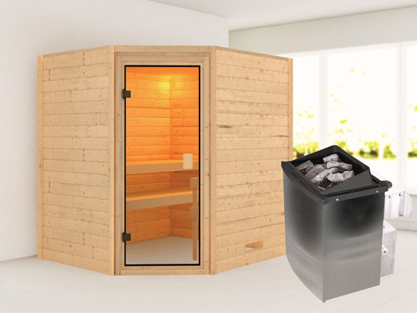 Sauna Elea mit bronzierter Glastür + 9 kW Saunaofen integr. Strg.