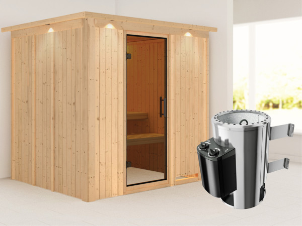 Sauna Systemsauna Daria mit Dachkranz, graphit Ganzglastür + Plug & Play Saunaofen mit Steuerung