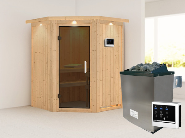 Sauna Systemsauna Larin mit Dachkranz, inkl. 9 kW Ofen mit externer Steuerung