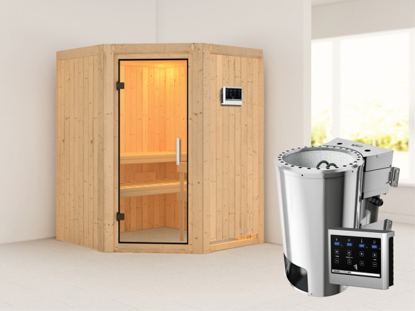 Sauna Systemsauna Nanja Klarglas Ganzglastür + Plug & Play Bio-Ofen mit externer Steuerung