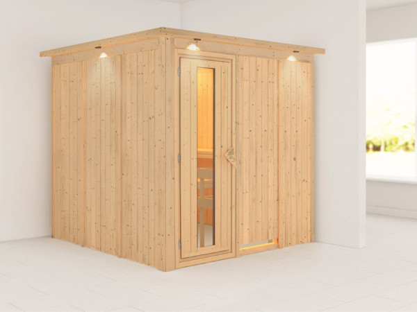 Systemsauna Rodin mit Dachkranz, Holztür mit Isolierglas