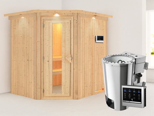 Sauna Systemsauna Lilja mit Dachkranz, Energiespartür, Plug & Play Bio-Ofen mit externer Steuerung