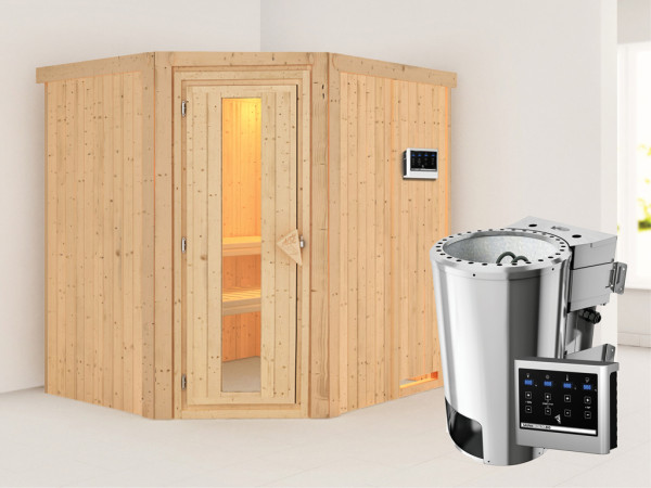 Sauna Systemsauna Lilja Energiespartür + Plug & Play Bio-Ofen mit externer Steuerung