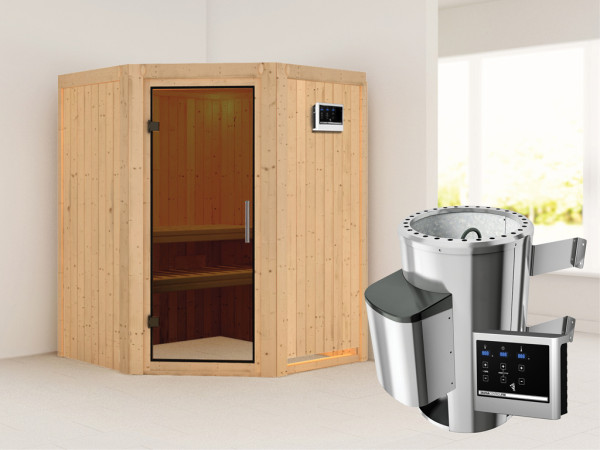 Sauna Systemsauna Nanja graphit Ganzglastür + Plug & Play Saunaofen mit externer Steuerung