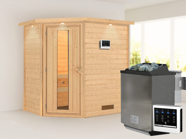 Sauna Massivholzsauna Svea mit Dachkranz, inkl. 9 kW Bio-Ofen mit externer Steuerung