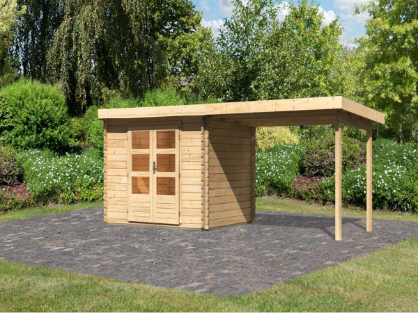 Gartenhaus Blockbohlenhaus SET Bastrup 3 28 mm naturbelassen, inkl. 3 m Anbaudach