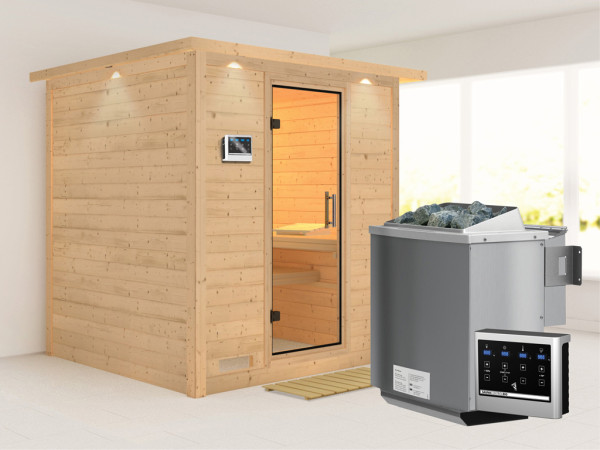 Sauna Massivholzsauna Mojave mit Dachkranz, Klarglas Ganzglastür + 9 kW Bio-Kombiofen mit ext. Strg