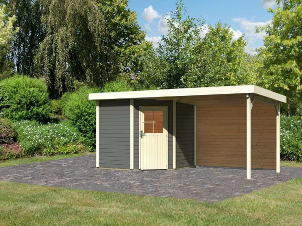 Gartenhaus SET Neuruppin 2 28 mm terragrau, inkl. 3,2 m Anbaudach + Rückwand