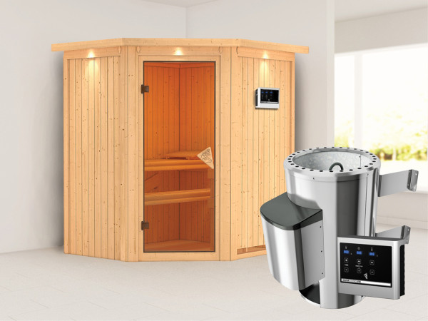 Sauna Systemsauna Tonja mit Dachkranz, inkl. Plug & Play Saunaofen externe Steuerung