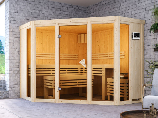 Sauna Alcinda mit bronzierter Glastür + 9 kW Bio-Kombiofen mit ext. Strg.