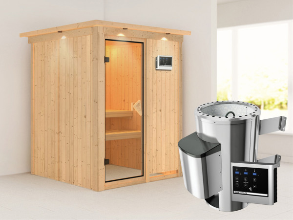 Sauna Systemsauna Minja mit Dachkranz, inkl. Plug & Play Saunaofen externe Steuerung