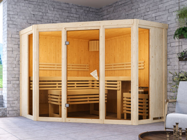 Sauna Alcinda mit bronzierter Glastür + 9 kW Saunaofen integr. Strg.