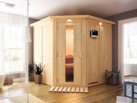 Systemsauna Jarin mit Dachkranz, Holztür mit Isolierglas, inkl. 9 kW Bio-Kombiofen ext. Steuerung