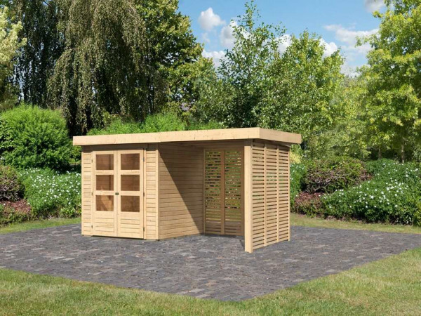 Gartenhaus SET Askola 2 19 mm naturbelassen, inkl. 2,4 m Anbaudach + Lamellenwänden