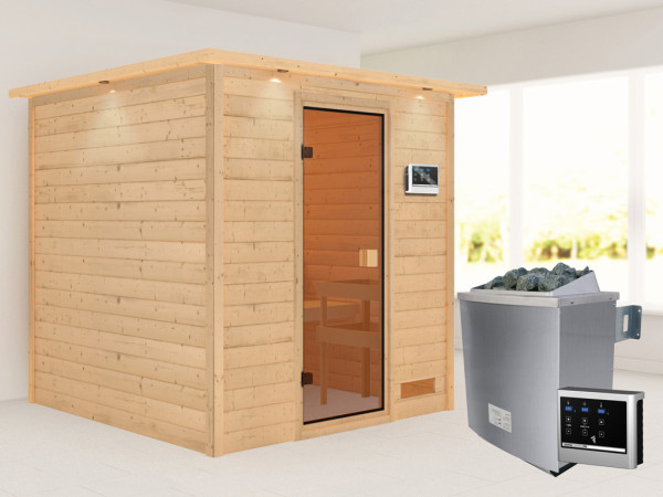 Sauna Jara mit bronzierter Glastür und Dachkranz + 9 kW Saunaofen ext. Strg.