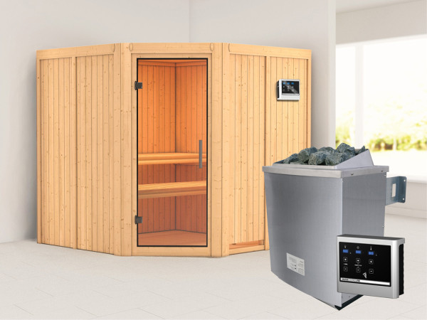 Sauna Systemsauna Jarin Klarglas Ganzglastür + 9 kW Saunaofen mit ext. Strg