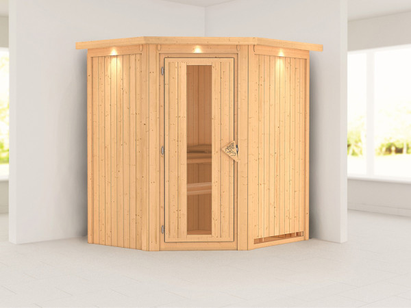 Systemsauna Taurin mit Dachkranz, Holztür mit Isolierglas